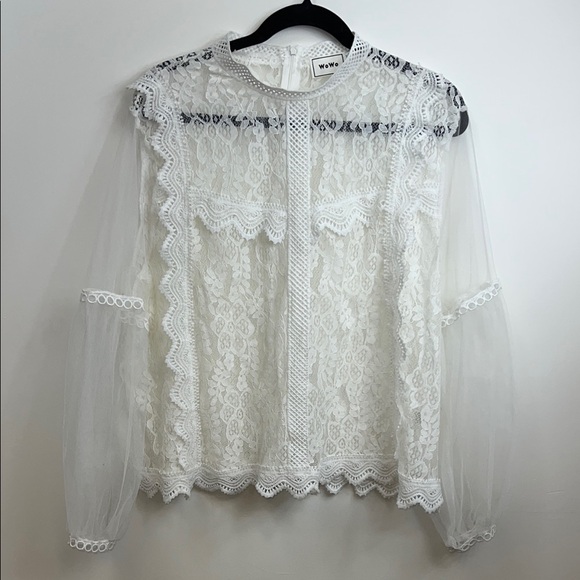 Wowo Lace White Ruffled Long Sleeve Dressy Blouse Top Shirt - Picture 5 of 11